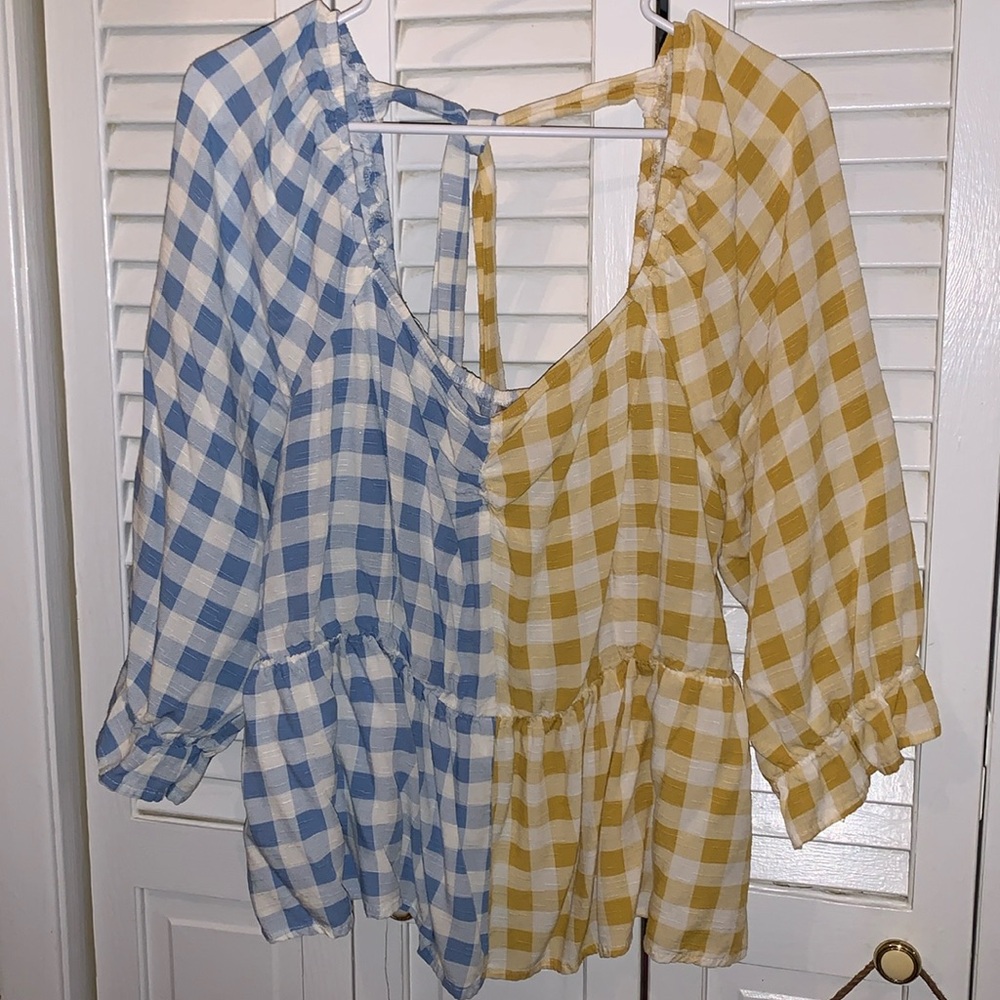 Cato Gingham Peplum Crop 3/4 Balloon Sleeve Blouse